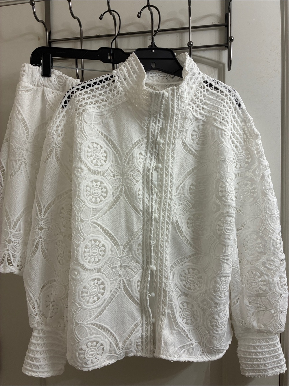 White Lace Crochet-Detail Crewneck Top and elastic waist shorts
